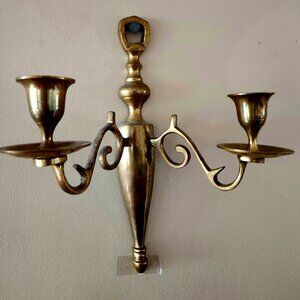 Pair of  Brass Double-Arm Colonial Wall-Sconces Candle Holders  w/added decor